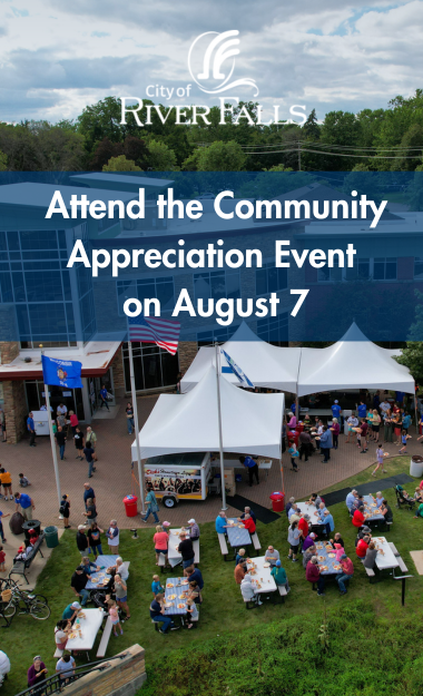 Aerial image of River Falls City Hall during the Community Appreciation Event in 2024