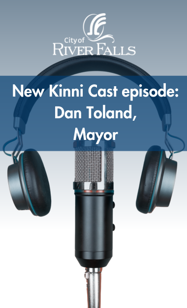 Microphone and headphones promoting River Falls podcast